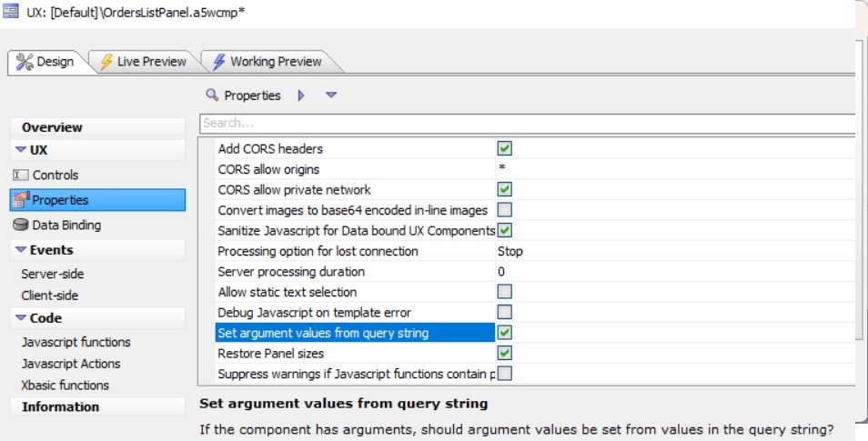 UX Properties → Advanced → Set argument values from query string